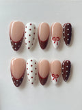Burgundy Bow Press-On Nails | Polka Dot French Tip Handmade