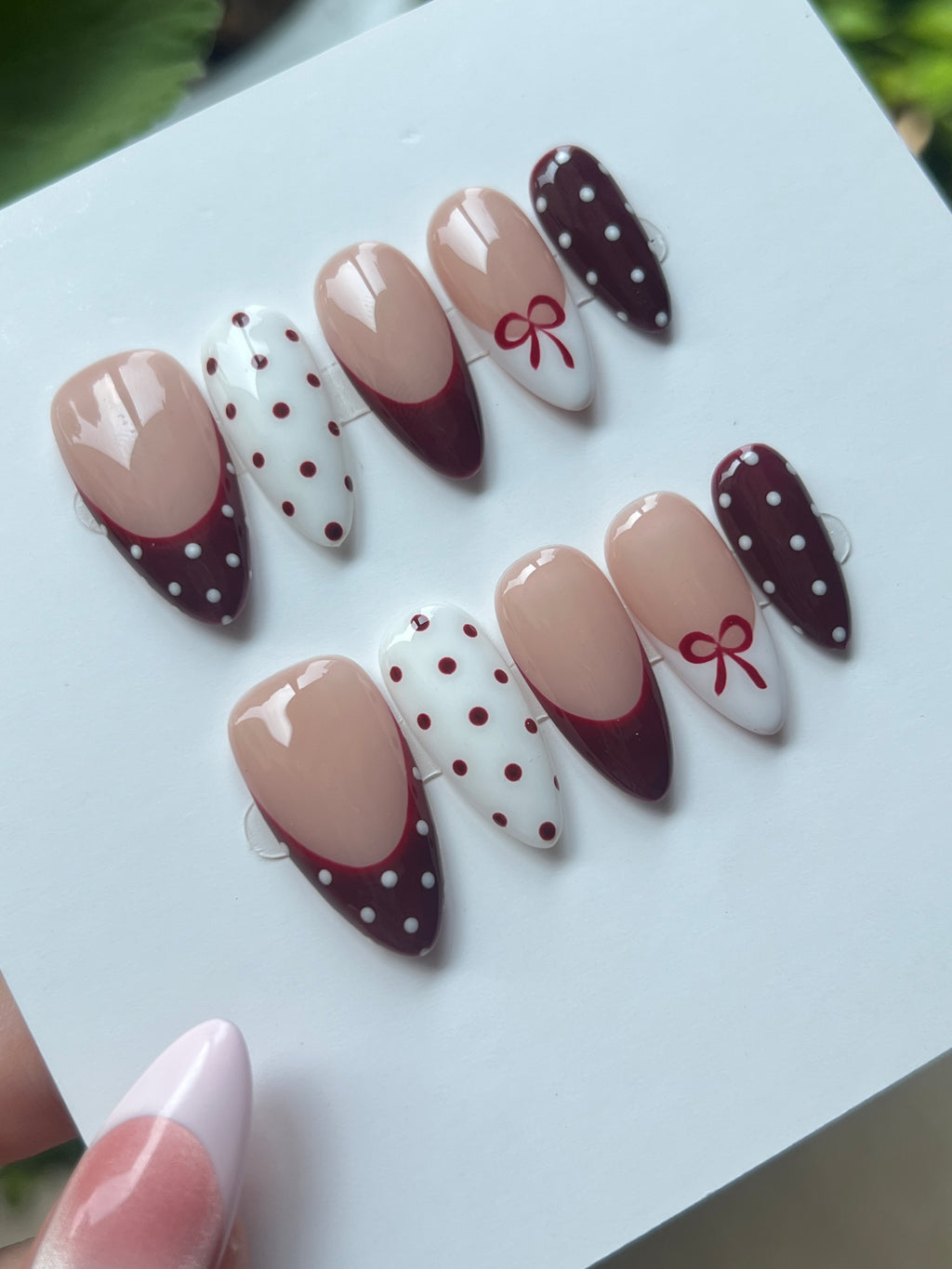 Burgundy Bow Press-On Nails | Polka Dot French Tip Handmade