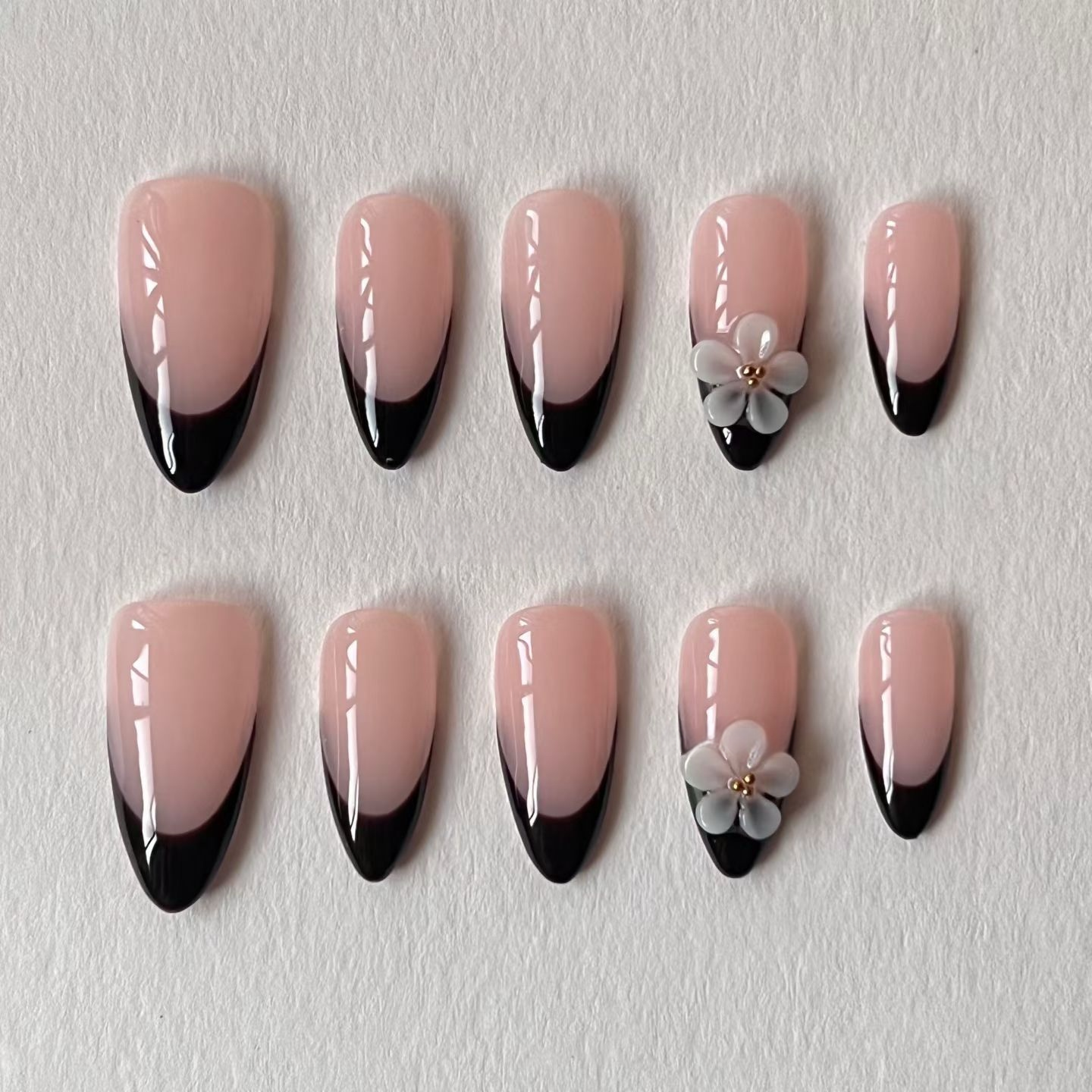 Nude Black Ombré French 3D Flower Handmade Press-On Nails