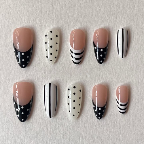 Black & White Polka Dot Stripe French Handmade Press-On Nails