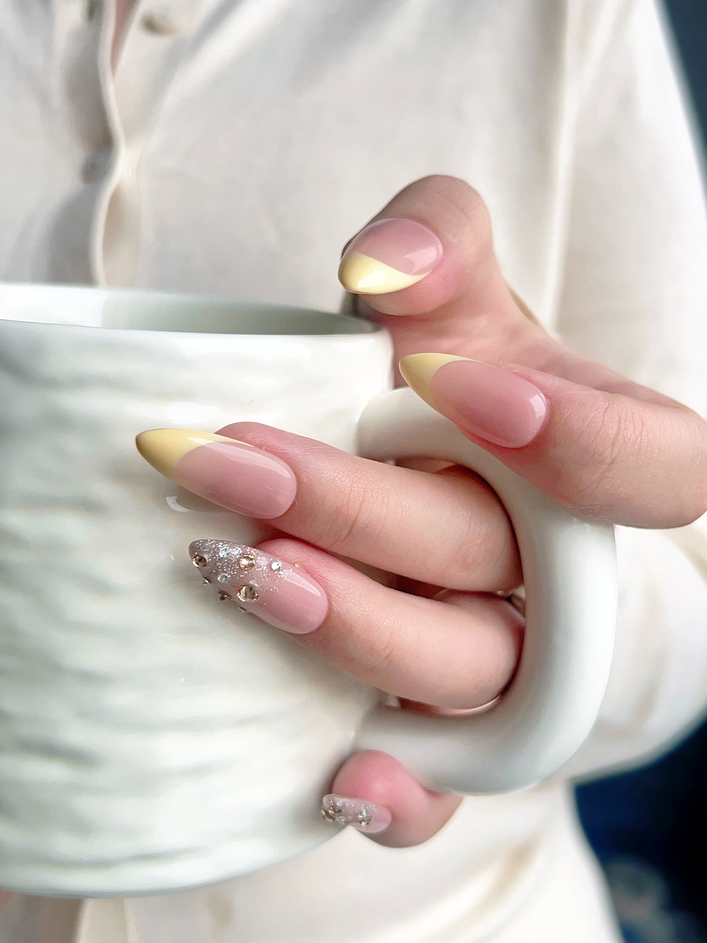 Butter Yellow French Rhinestone Handmade Press-On Nails