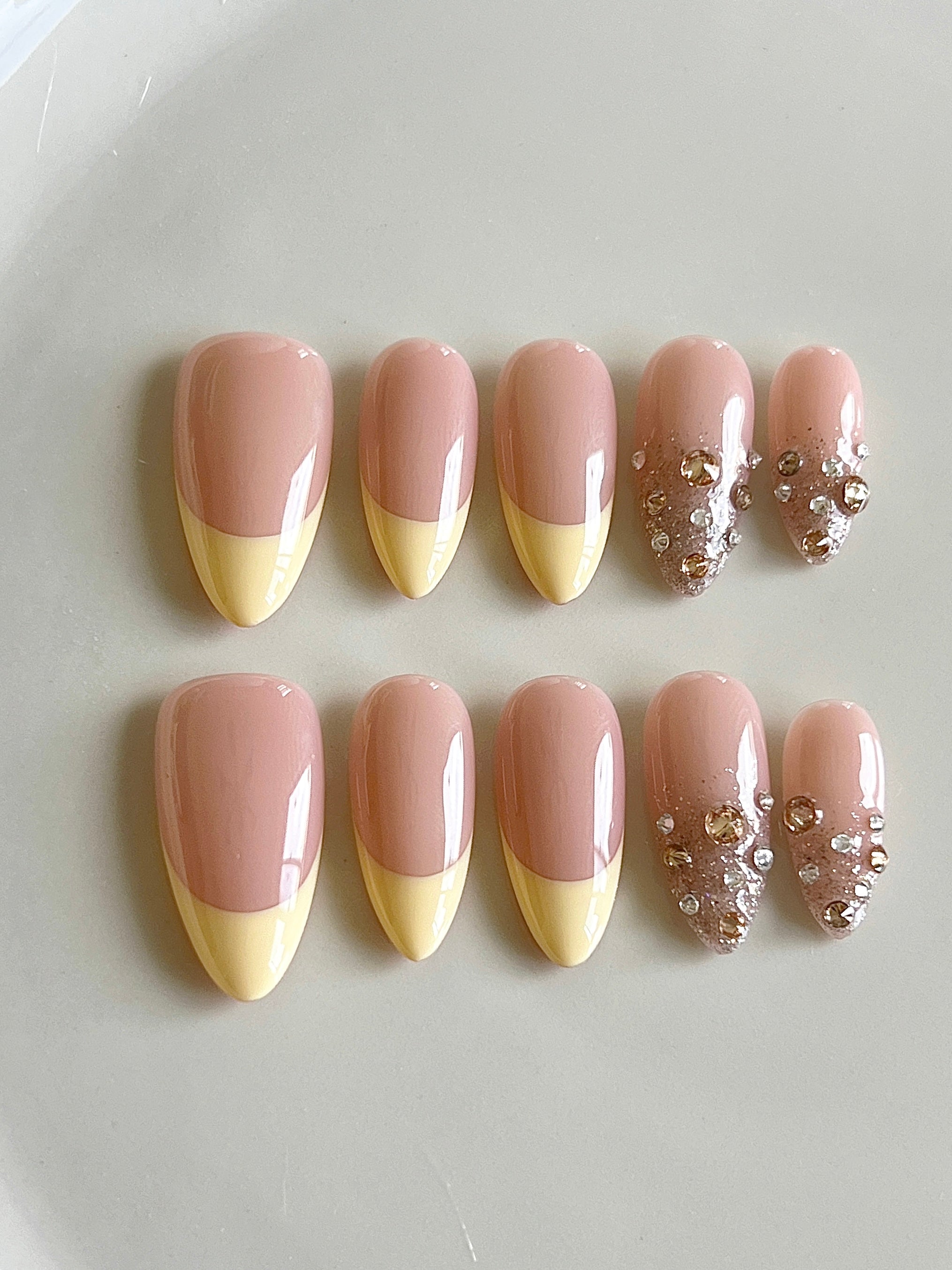 Butter Yellow French Rhinestone Handmade Press-On Nails