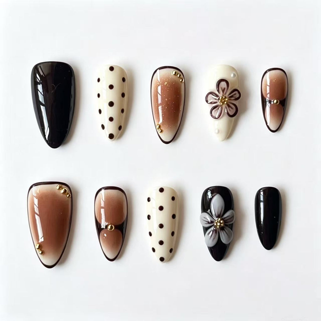 Black & Cream Vintage Floral Handmade Press-On Nails