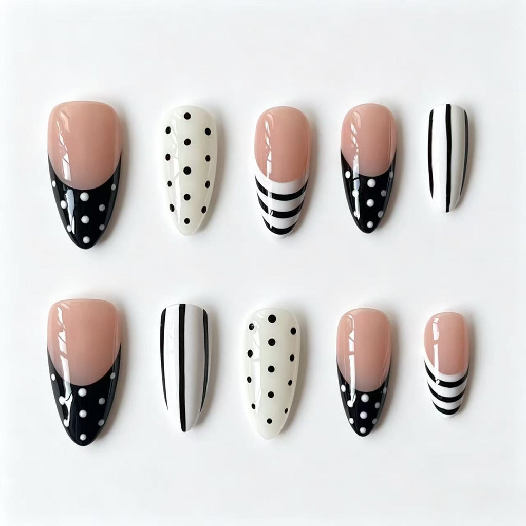 Black & White Polka Dot Stripe French Handmade Press-On Nails