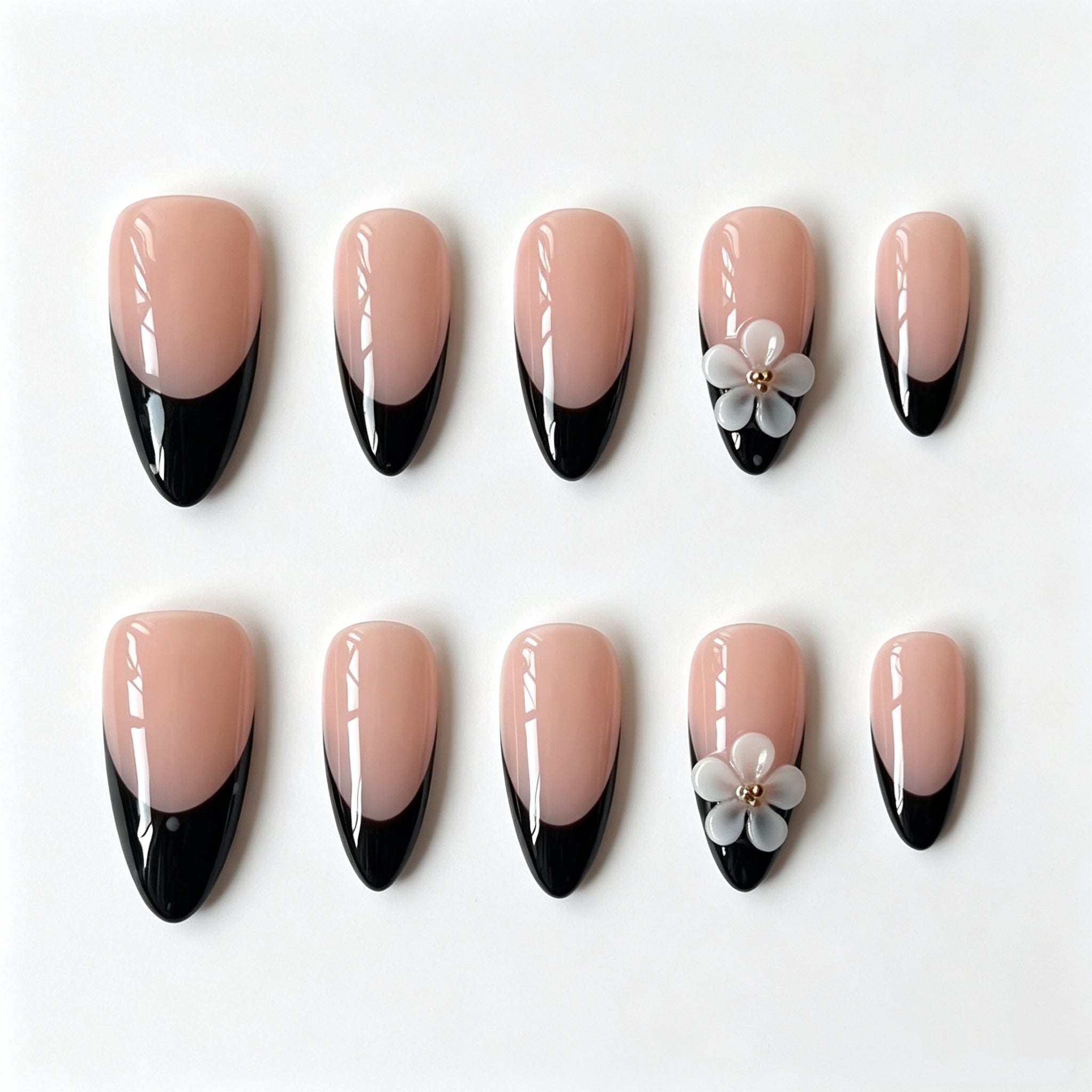 Nude Black Ombré French 3D Flower Handmade Press-On Nails