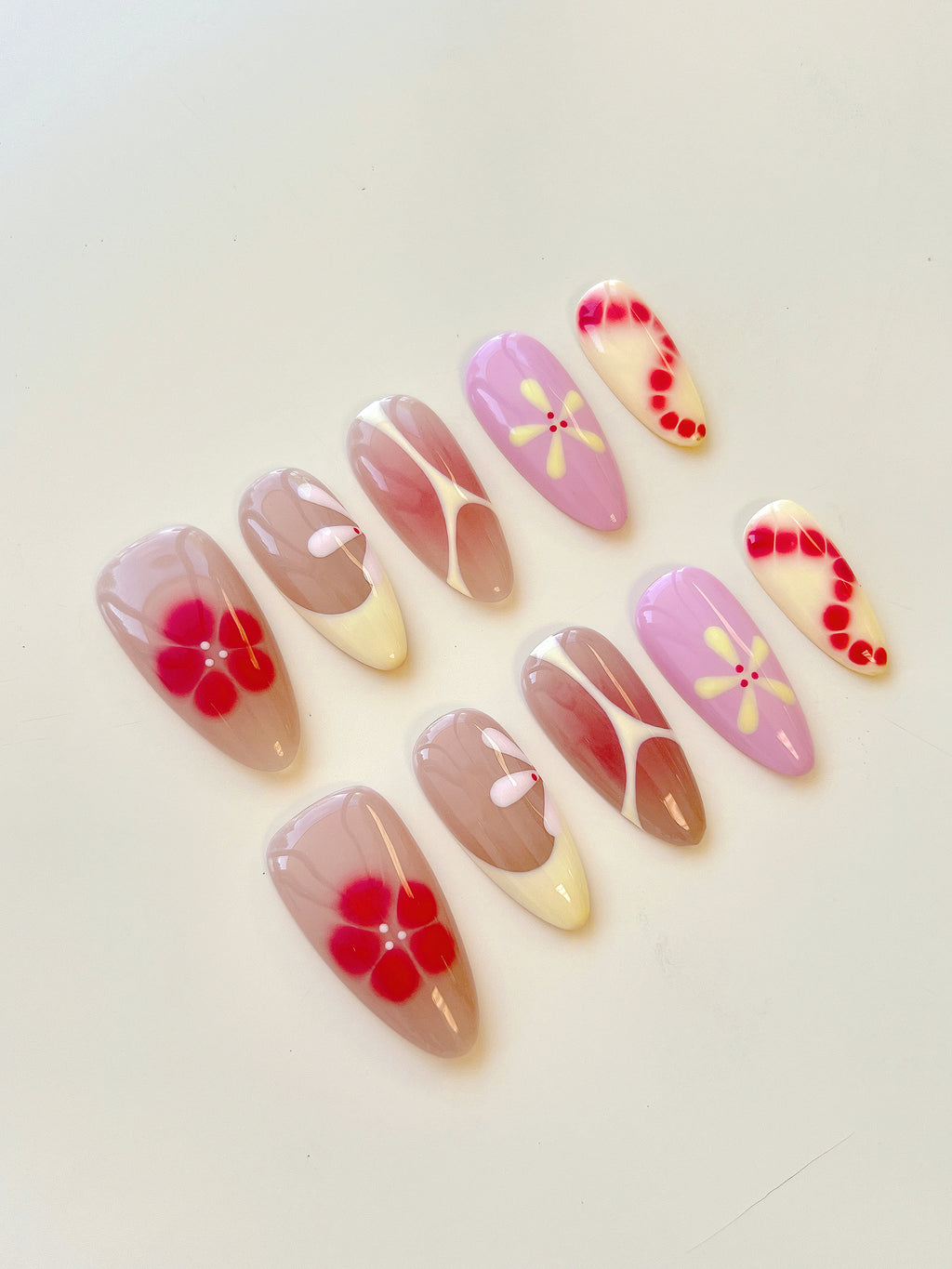 Red Floral French Handmade Press-On Nails | Romantic Vintage Bloom