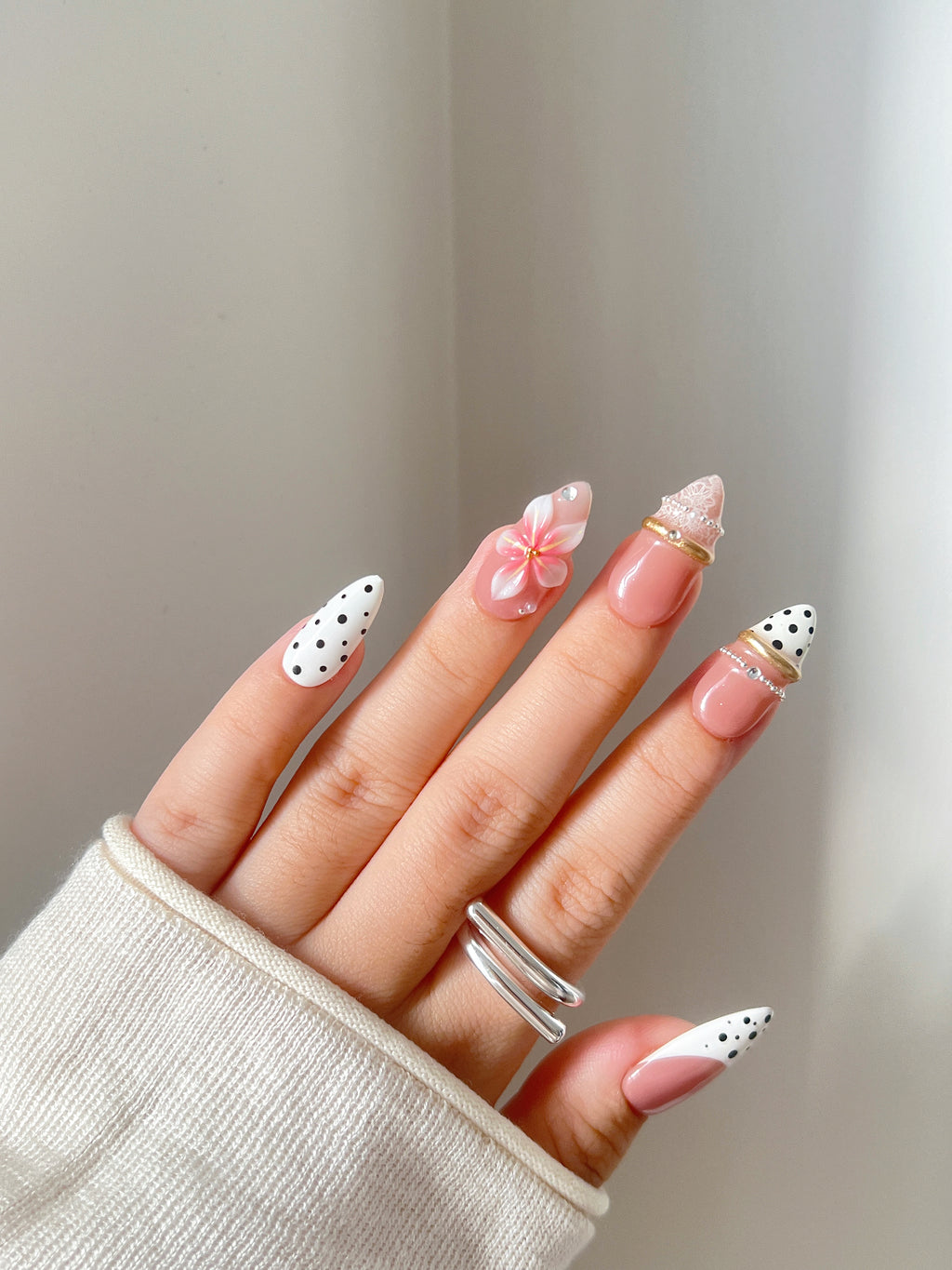 Pink French & Polka Dot 3D Flower Press-On Nails | Lace Gold Ring Handmade