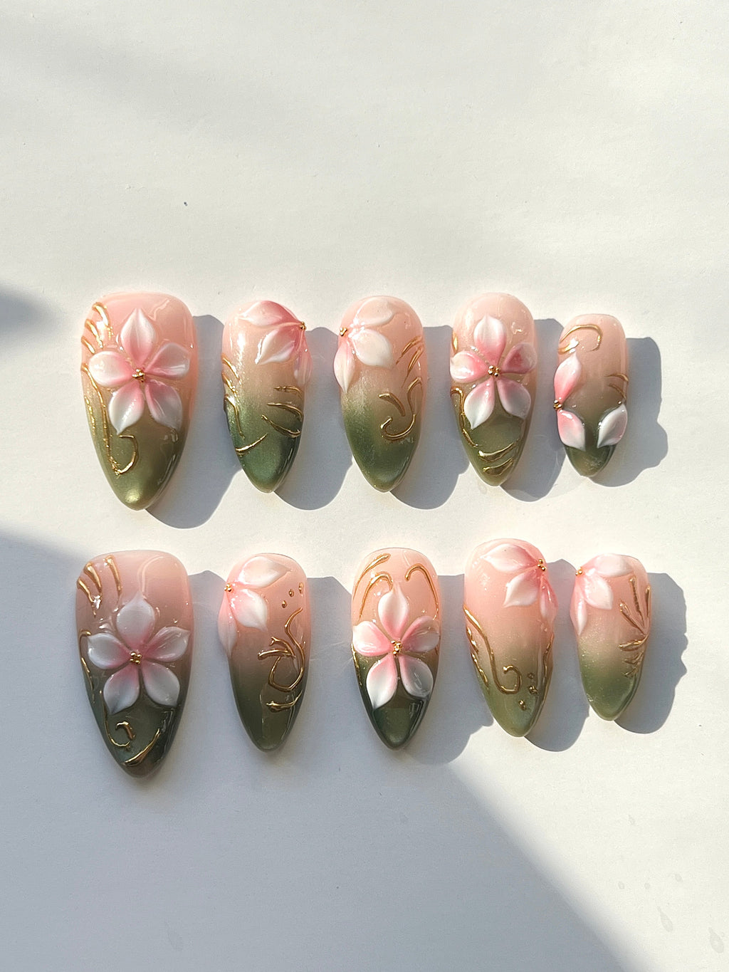 3D Floral Gradient Press-On Nails | Pink Green Handmade