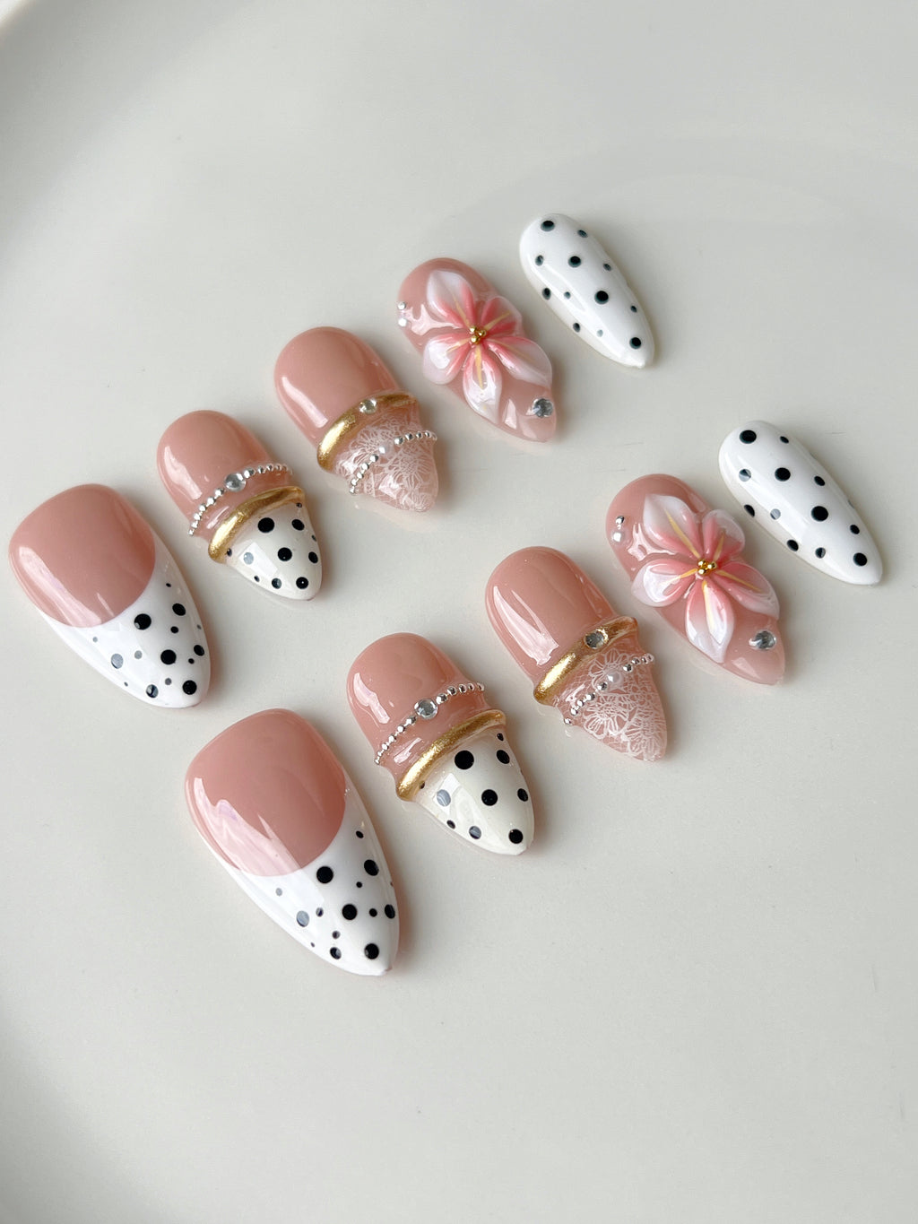 Pink French & Polka Dot 3D Flower Press-On Nails | Lace Gold Ring Handmade