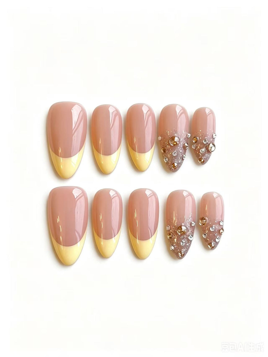Butter Yellow French Rhinestone Handmade Press-On Nails