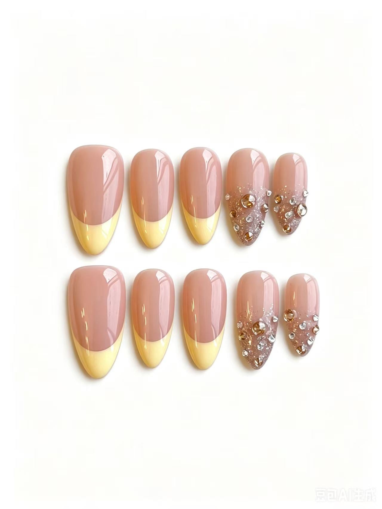 Butter Yellow French Rhinestone Handmade Press-On Nails