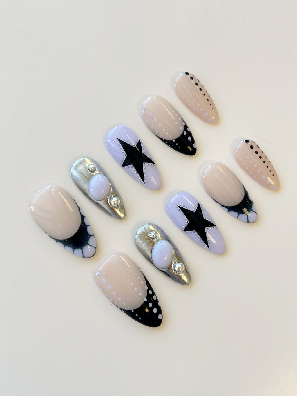 Y2K Star Chrome Handmade Press-On Nails | Black Punk & Silver Mirror