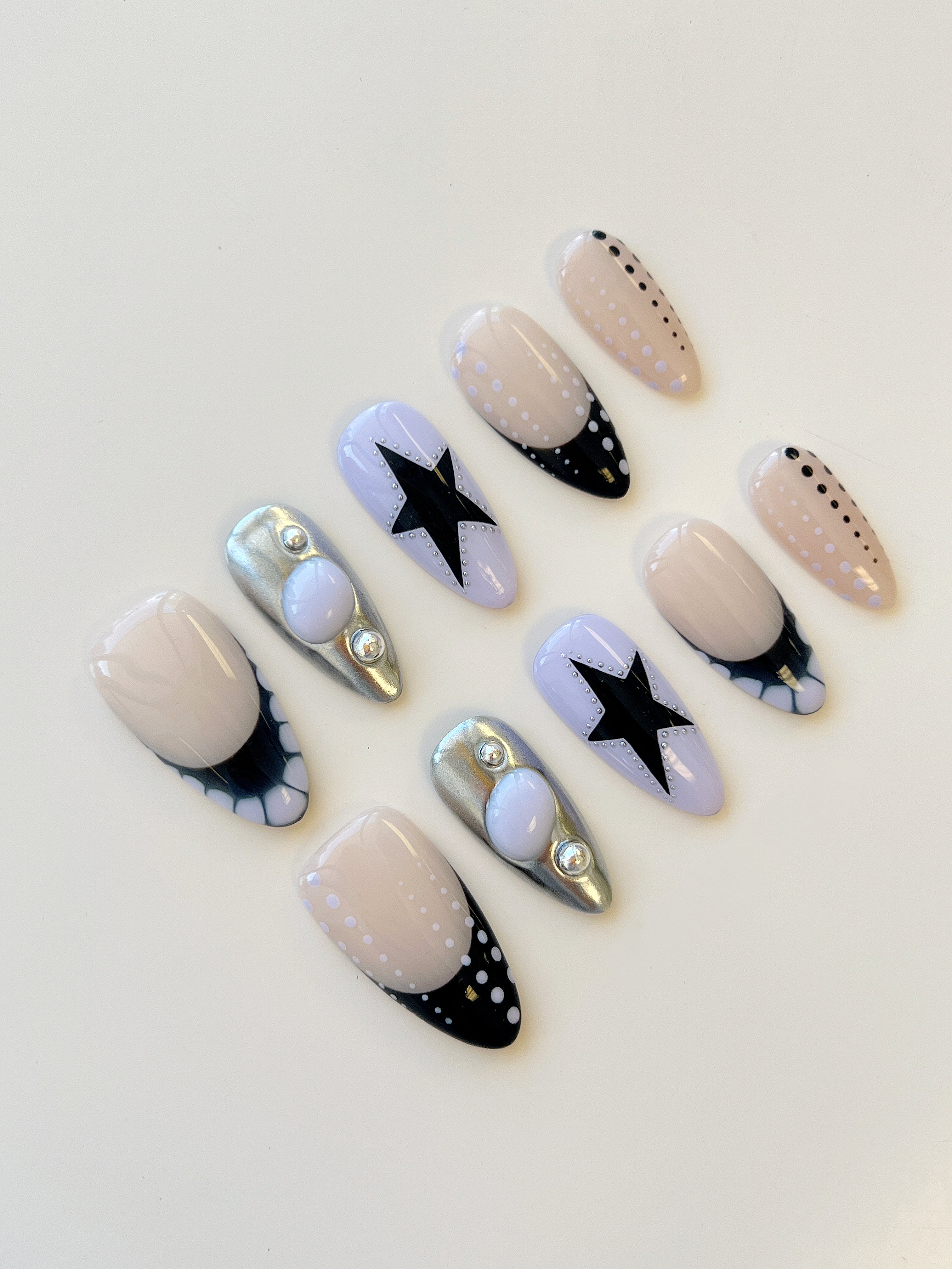 Y2K Star Chrome Handmade Press-On Nails | Black Punk & Silver Mirror