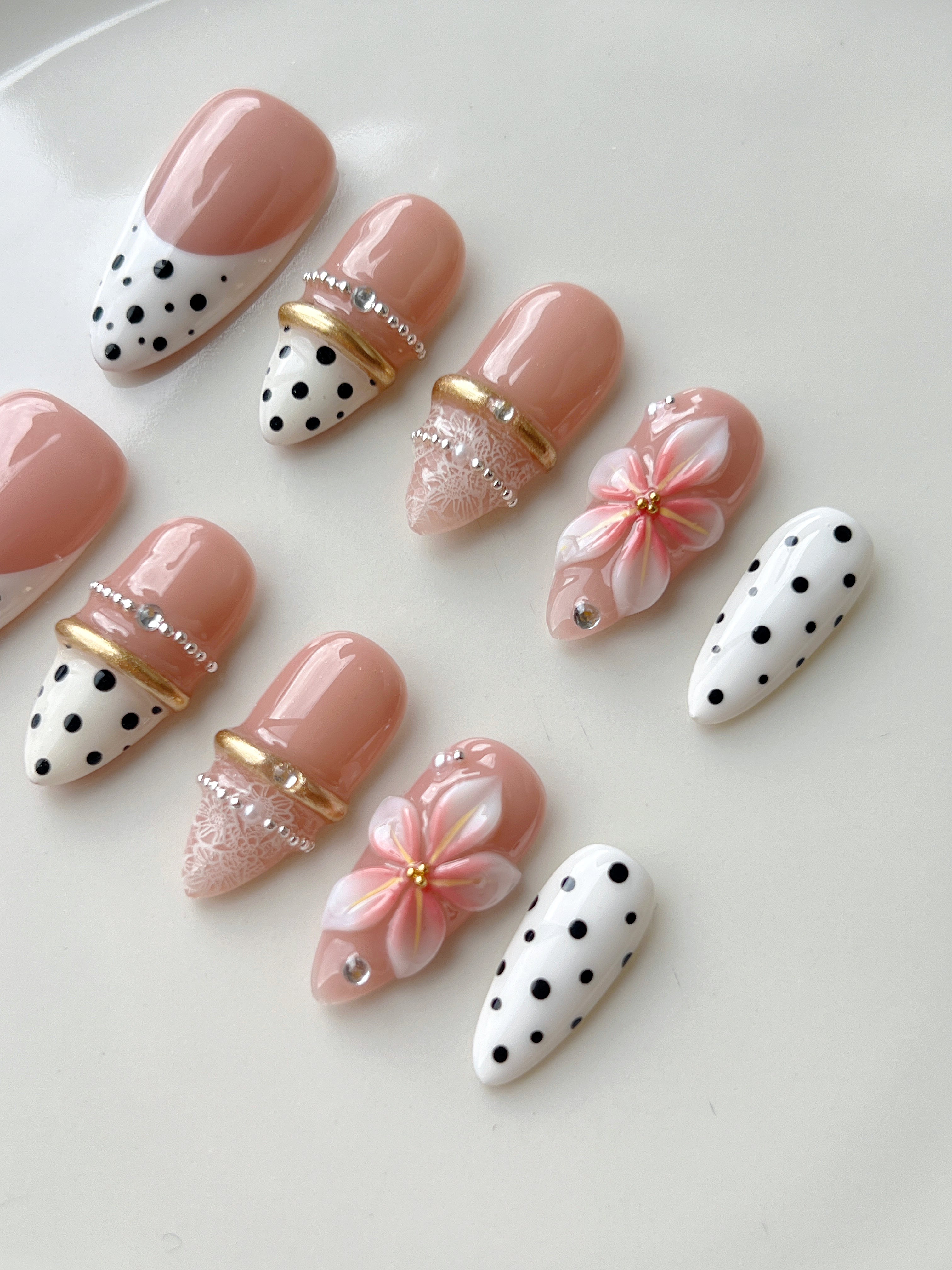 Pink French & Polka Dot 3D Flower Press-On Nails | Lace Gold Ring Handmade