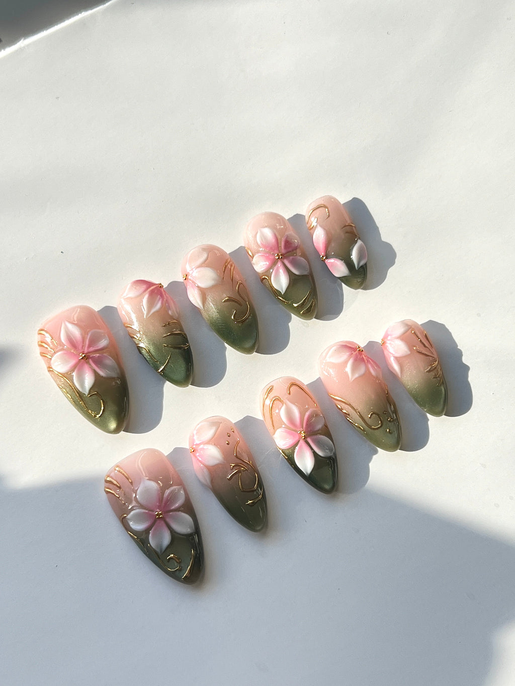 3D Floral Gradient Press-On Nails | Pink Green Handmade