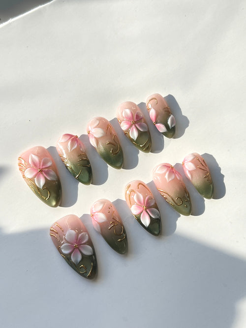 3D Floral Gradient Press-On Nails | Pink Green Handmade