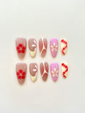 Red Floral French Handmade Press-On Nails | Romantic Vintage Bloom