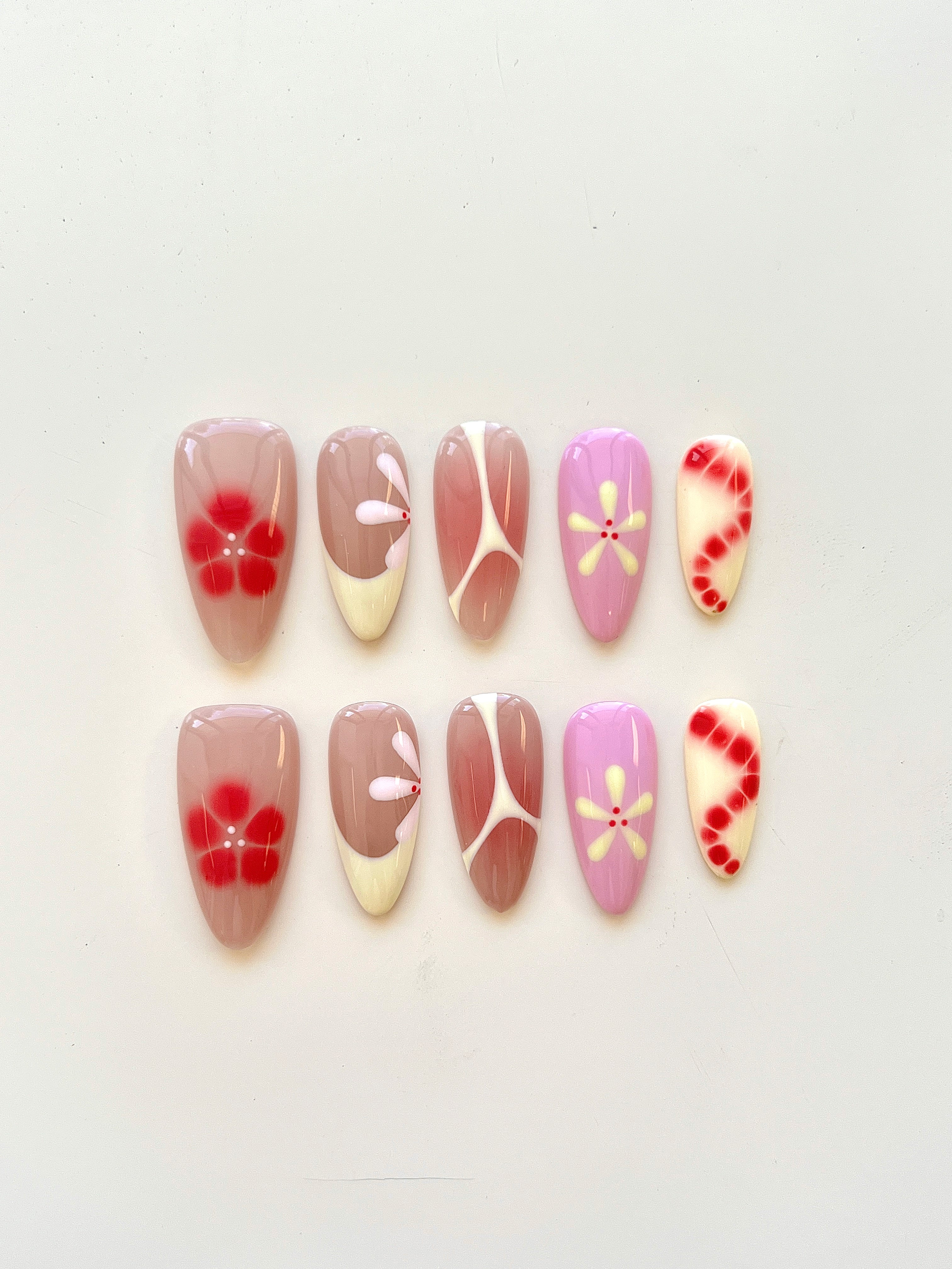 Red Floral French Handmade Press-On Nails | Romantic Vintage Bloom