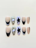 Y2K Star Chrome Handmade Press-On Nails | Black Punk & Silver Mirror