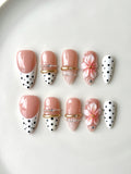 Pink French & Polka Dot 3D Flower Press-On Nails | Lace Gold Ring Handmade