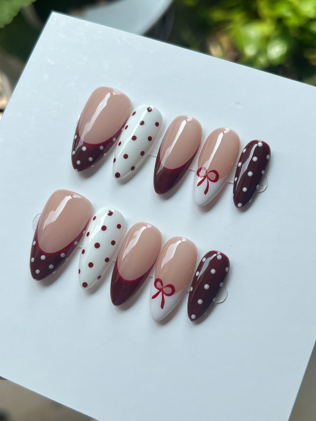 Burgundy Bow Press-On Nails | Polka Dot French Tip Handmade