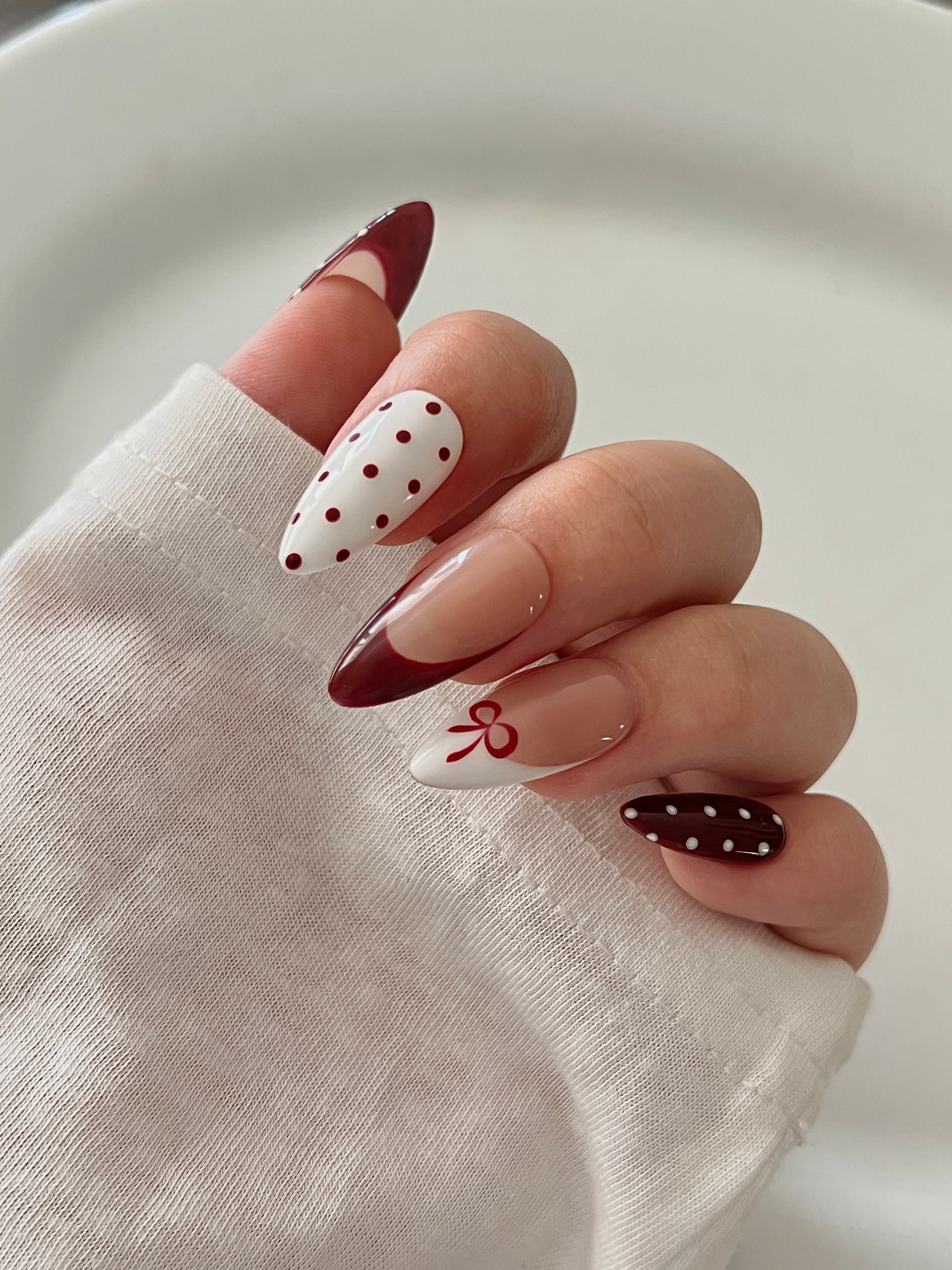 Burgundy Bow Press-On Nails | Polka Dot French Tip Handmade